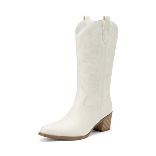 DREAM PAIRS Cowboy Boots for Women Cowgirl Western Boots Fashion Embroidery Stitched Chunky Heel Mid Calf Boots,Size 11,All White,DWUMMB2504 - Image 1