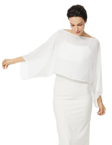 BEAUZSUZSANA Women Chiffon Bolero Cape Capelets with Arm Holes Shawls and Wraps for Evening Dress Bridal Wedding Party (Ivory,L-XL)