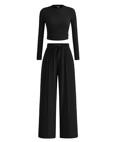 BTFBM Casual 2 Piece Sets For Women Fall Outfits 2026 Ribbed Spring Long Sleeve Crop Top Wide Leg Pants Matching Lounge Set(Black, X-Large) - Image 1