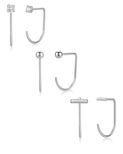3 Pair Backless Half Hoop Earrings for Women Hypoallergenic Silver Stainless Steel Stacks Huggie Earrings Minimalist Comfort Sleeper Jewelry Gift - Image 1