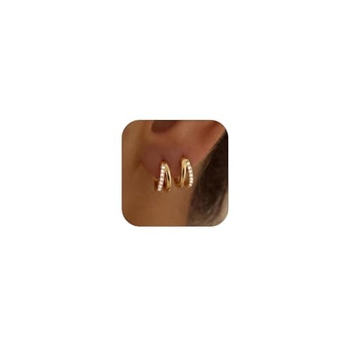 Small Gold Huggie Hoop Earrings for Women, Cubic Zirconia Double Hoops - Image 1