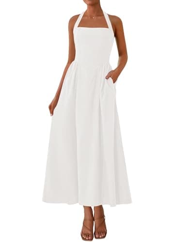 KIRUNDO Summer Dresses for Women 2026 Halter Maxi Wedding Guest Party Cocktail Semi Formal Elegant Classy Long Sundress(Beige White, X-Large) - Image 1