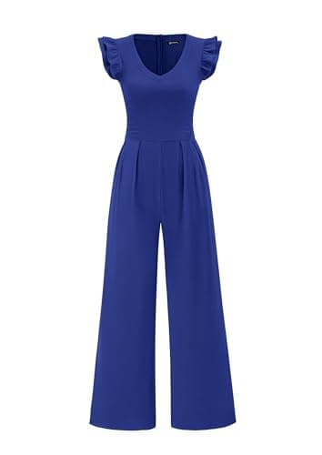 PRETTYGARDEN One Piece Jumpsuits For Women Dressy Ruffle Cap Sleeve V Neck Ribbed Knit Wide Leg Romper 2026 Summer Outfits (Royal Blue,XX-Large) - Image 1
