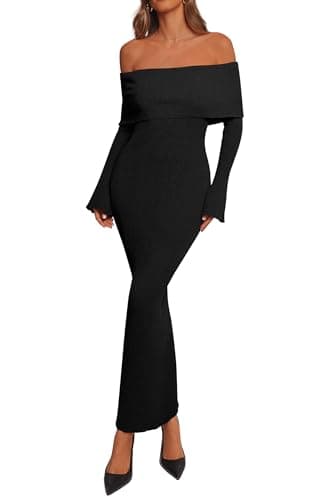 dowerme Women's Off The Shoulder Sweater Dress 2026 Formal Long Sleeve Bodycon Maxi Wedding Guest Dresses Spring Outfits(Black,X-Large) - Image 1