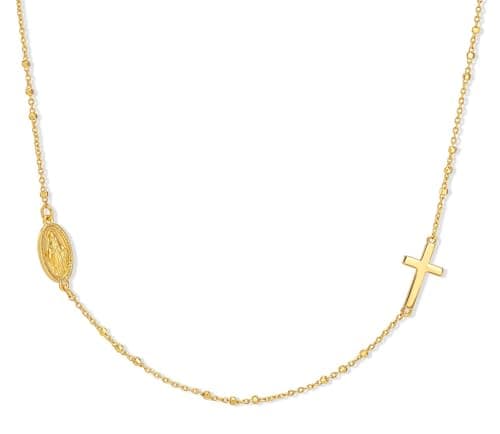 Milan Chiva Gold Plated Rosary Cross Necklaces for Women 14K Gold Plated Chain Sideways Pendant Lightweight Dainty Jewelry MNS-1040GD - Image 1