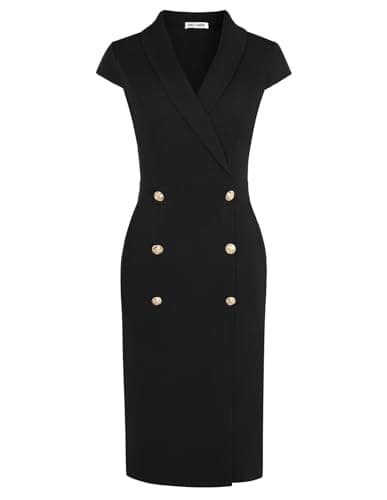 GRACE KARIN Work Dresses for Women 2025 Cap Sleeve Business Formal Midi Bodycon Button Office Church Outfits with Pocket Black 12 - Image 1