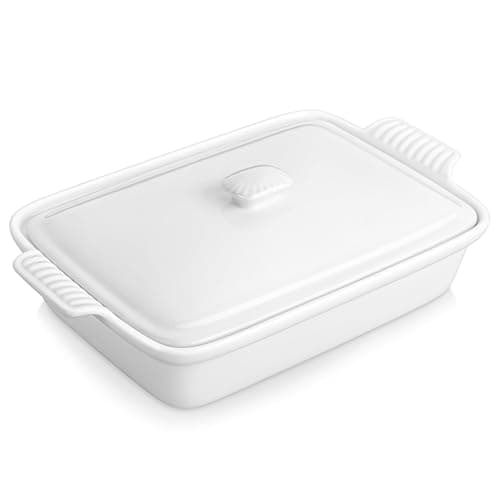 MALACASA 3.4 Quart Baking Dish With Lid, Porcelain Casserole dish with Lid, 13 x 9 Lasagna Pan Deep with Lid, Rectangular Bakeware With Handle, Microwave, Oven Safe, White, Series BAKE - Image 1