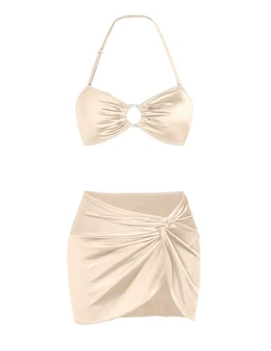 seamoly Bathing Suit for Women 3 Piece Bikini Sets Tie Back Sexy Swimsuit Halter Bathing Suit Sexy Coverups Skirt Champagne Gold S - Image 1