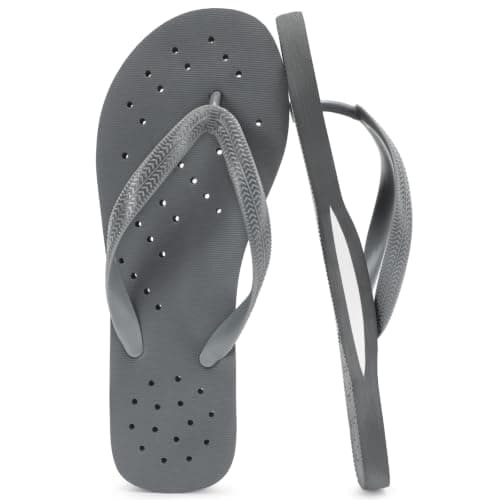 STQ Shower Shoes Men Flip Flops, Quick Drying Drain Hole, Dark Grey Size 10 - Image 1