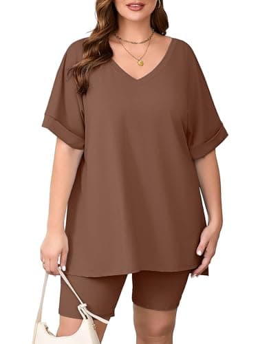 AusLook Women's Plus size 2 Piece Short Outfits Set Short Sleeve Tops and Shorts Pants Pastel Brown 3X Casual Comfy Soft Ladies Short Sleepwear Lounge Pajama Matching Set - Image 1