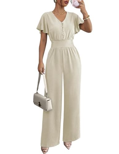 LOOKBOHO Jumpsuits for Women Dressy Ruffle Short Sleeve Button V Neck 2026 Summer Wide Leg Romper One Piece Outfits - Image 1