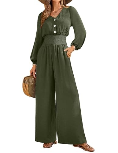 LOOKBOHO Jumpsuits for Women Long Sleeve Dressy Casual 2026 Fall V Neck High Waist Wide Leg Pants One Piece Outfits With Pockets Army Green S - Image 1
