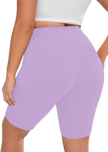 AusLook Women's Plus 8" Biker Shorts High Waist Tummy Control Fitness Athletic Workout Running Yoga Gym Volleyball Spandex Light Purple 1X Shorts - Image 1