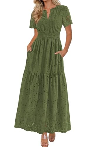 PRETTYGARDEN Women Boho V Neck Long Dresses 2026 Casual Short Sleeve Smocked Waist Hollow Out Eyelet Flowy Cocktail Dress (Army Green, Medium) - Image 1