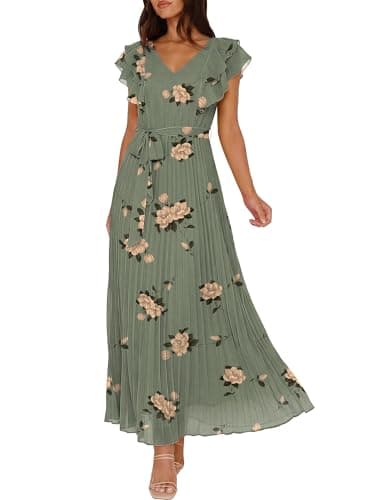 ANRABESS Women V Neck Ruffle Sleeve Floral Pleated Maxi Dresses Summer Boho Belt Empire Waist Wedding Guest Party Flowy Dress Yellow Floral Green Medium - Image 1