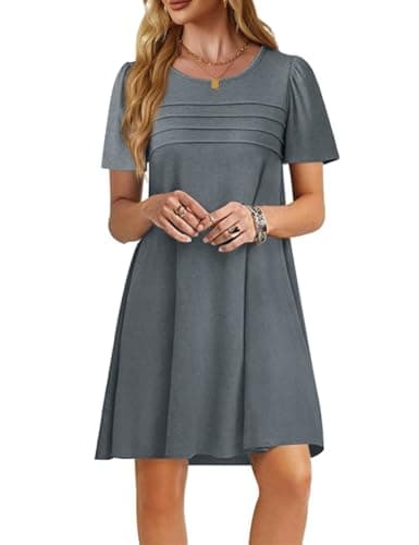 Imily Bela Womens Summer Casual T Shirt Dress Short Sleeve Crewneck Pleated Front Loose Beach Flowy Mini Dresses Grey - Image 1
