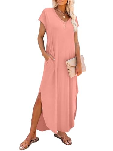 RUMIA Summer Casual Maxi Dresses for Women- Women's V Neck Cap Sleeve Long Sundress with Pockets Beach Vacation Coral - Image 1