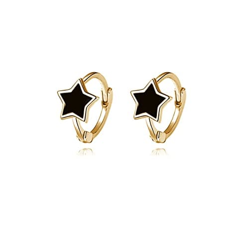 Reffeer Solid 925 Sterling Silver Black Star Huggie Earrings Hoops for Women Teen Girls Small Star Hoop Earrings Cartilage Helix Earrings (B-18K Gold) - Image 1
