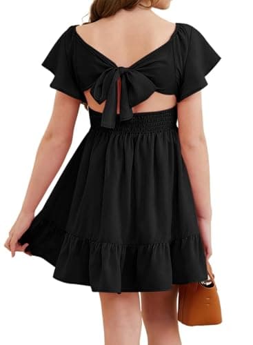 DOKOTOO KIDS Girls Tie Back Dress Casual Ruffle Short Sleeve Flowy Dresses Black 10-11 Years Old - Image 1