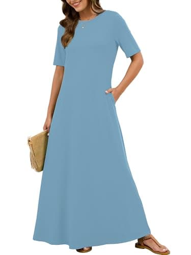 KORSIS Women's Short Sleeve Maxi Dress Casual Summer Fall Winter Long T-Shirt Rackley Blue XX-LargeDresses Loose Fit Layering Sundress with Pockets - Image 1