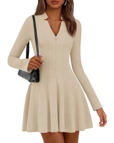 Lazysmile Fall Dresses for Women 2025 Long Sleeve V Neck Half Zip A Line Swing Casual Party Club Mini Short Dress Apricot - Image 1
