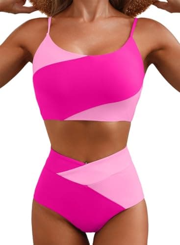 Herseas High Waisted Tummy Control 2 Piece Bikini Sets for Women Colorblock Swim Top High Cut Bottom Modest Sporty Longline Beach Vacation Clothes for Teens Rose Red Medium - Image 1