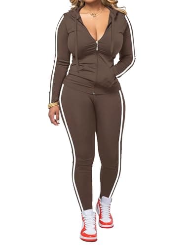 Hakubeby Women 2 Piece Outfits Casual Workout Sets Striped Bodycon Tracksuit Zip Up Long Sleeve Hoodle Jacket Jogger Pant Set Coffee L - Image 1