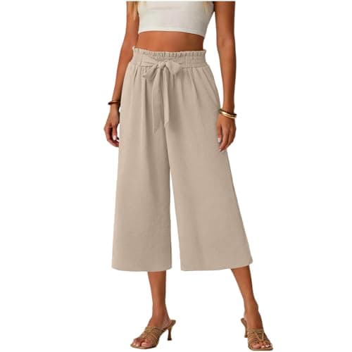 Gaucho Pants for Women, Wide Leg High Waisted Cotton Women's Palazzo Capri Pants with Pockets and Drawstring, Lightweight Breathbale Casual Summer Womens Culottes Khaki XXL