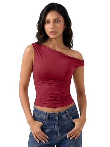 Trendy Tops for Women 2025 Red Off The Shoulder Double Lined Sleeveless Date Night Crop Tank Top Blouses Shirt (Wine,M) - Image 1