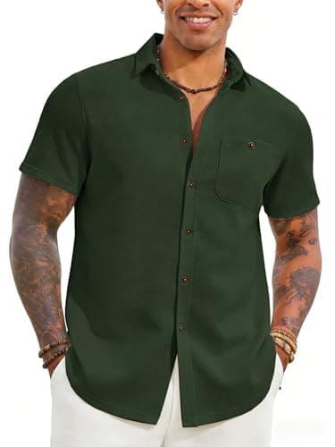 Yousify Mens Button Down Shirts Short Sleeve Waffle Knit Summer Casual Shirt Lightweight Beach Tops with Pocket Army Green - Image 1