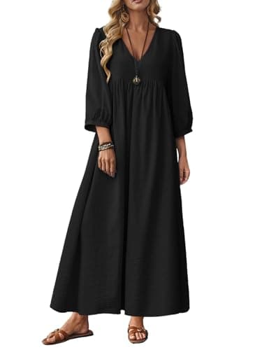 Celmia Cotton Dress for Women Summer Boho Puff Sleeve Linen Maxi Dress Black XX-Large - Image 1