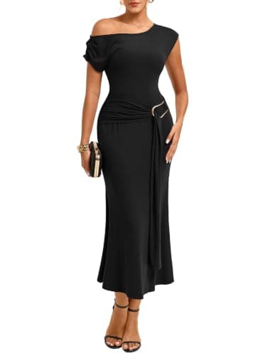 GRACE KARIN Women's 2026 Summer Formal Dresses One Shoulder Bodycon Ruched Dresses Elegant Wedding Guest Cocktail Maxi Dress Black L - Image 1