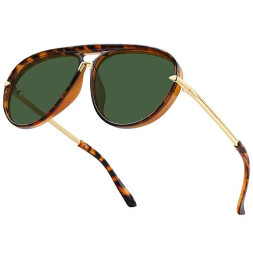 LOOMAKA Oversized Aviator Sunglasses for Women, Trendy Retro 70s Flat Top Shades, Gold Metal Double Bridge Design with UV400 Protection for Driving & Vacation - Image 1