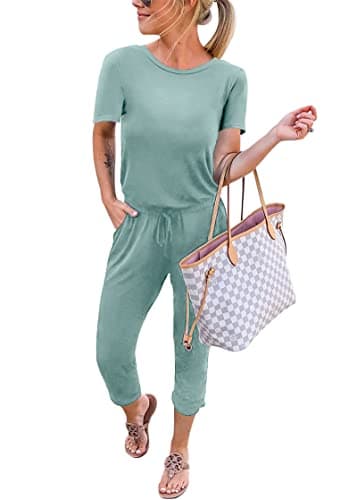 KIRUNDO Jumpsuits for Women Summer 2026 Casual Short Sleeve One Piece Outfits Drawstring Waist Long Pants Romper Jumpers(Fruit Green, Medium) - Image 1