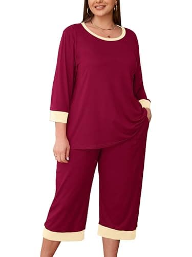AusLook Women’s Plus Size Pajama Sets Burgundy 2X Soft 3/4 Sleeve Nightwear Top and Capri Pants Lounge Set with Pockets - Image 1