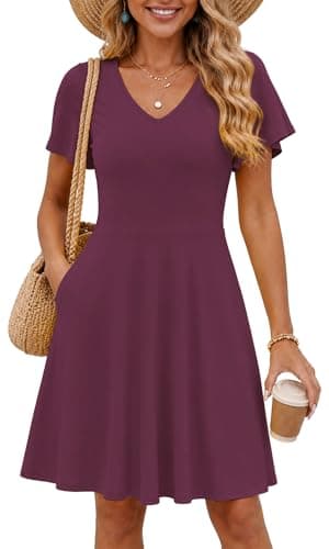 COSSEN Women's Summer Casual T Shirt Dress Violet Purple Medium with Pockets - Short Sleeve V Neck Flowy Loose A-Line Sundress Vacation - Image 1