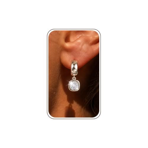 Dangle Earrings for Women, Silver Drop Earrings with Round Cubic Zirconia, Silver Huggie Hoops, Wide Polished Hinged Hoop CZ Crystal Lightweight Tarnish Resistant Jewelry for Women - Image 1