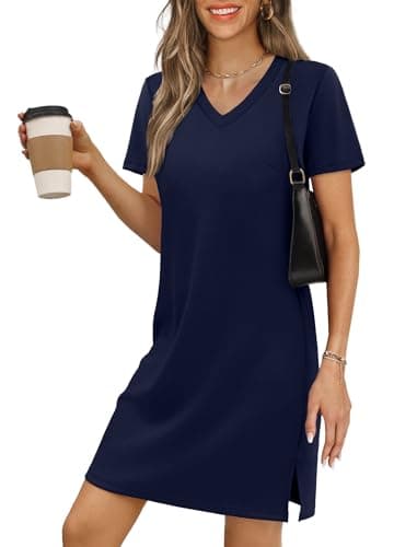 Summer Casual Dresses for Women 2026 Mini Vacation Dress V-Neck Short Sleeve Split Hem Beach Sundress Navy XXLarge - Image 1