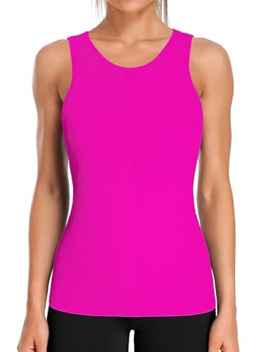 ATTRACO Ribflex Tank Top Sleeveless Workout Tops High Neck Athletic Running Shirts Tummy Control Hot Pink X-Large - Image 1