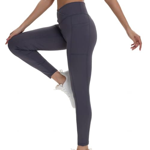 VIPARK Women V-Cross Waist Leggings – High Waist Tummy Control Butt Lifting Yoga Pants with Pockets, Seamless Front, Stretchy 7/8 Compression Workout Tights for Gym & Running Grey - Image 1