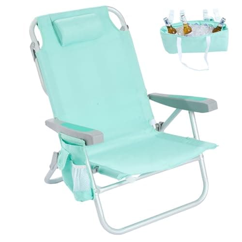 SUNNYFEEL Low Beach Chair, 5-Position Lay Flat Reclining, Backpack Portable Folding Chair with Cooler Bag & Cup Holder, Heavy Duty 350 LBS, Compact for Beach, Camping, Travel - Image 1