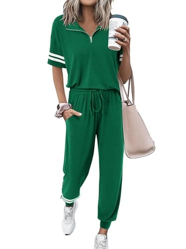 MASCOMODA Womens Two Piece Outfits 2026 Summer Short Sleeve Quarter Zip Pullover Tops Jogging Pants Tracksuit Loungewear Set(Green,X-Large) - Image 1