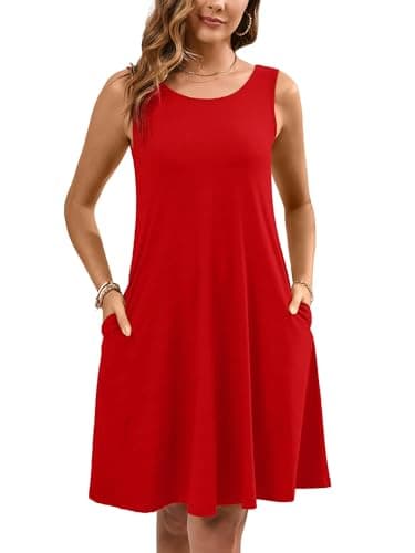 Heymoments Women Summer Dress Red X-Large Sleeveless Crewneck Casual Cute Loose Fitting Tank Sundress Comfy Swing Midi Flowy A Line Trendy Beach Vacation Teacher Dresses with Pockets - Image 1
