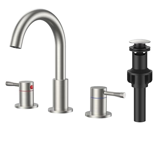 FORIOUS Brushed Nickel Bathroom Faucet 3 Hole, 360° Swivel 8 Inch Widespread Bathroom Sink Faucet with Pop Up Drain 2 Handle Faucets for Sink, Vanity, RV, Lavatory, Farmhouse - Image 1
