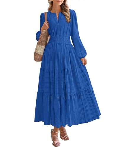BTFBM Spring Dresses for Women 2026 Casual Long Sleeve V Neck Elastic Waist Lightweight Maxi Wedding Guest Dress Pockets(Blue, Large) - Image 1
