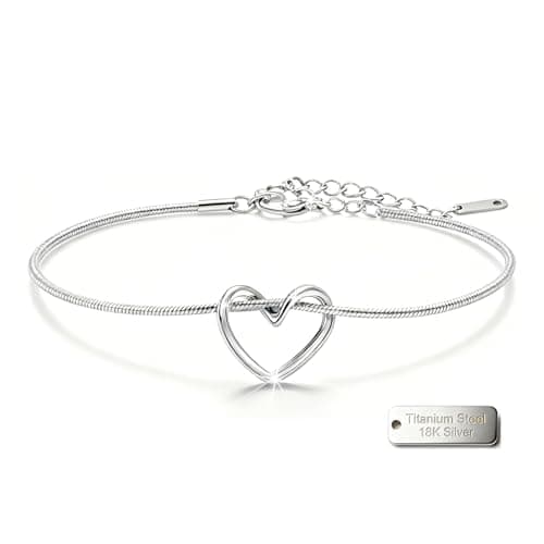 Alegend Titanium Steel (Not Rust, Resist Corruption, Easily Clean) 18K Silver Plated Open Heart Bracelet - Delicate Snake Chain - Image 1