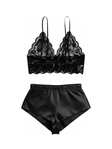Rigeri Sexy Lingerie For Women Satin Pajama Lace Cami Short Pj Black XL