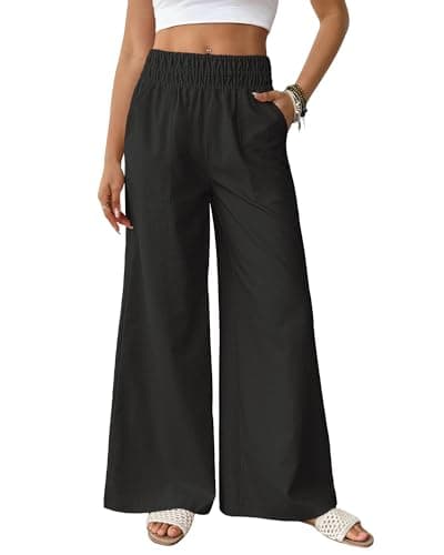 Bsubseach Linen Palazzo Pants for Women Cotton Casual Wide Leg Pants Woman Elastic Waist Summer Trousers with Pockets Black XL - Image 1