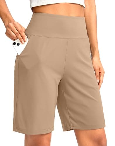 G Gradual Women's Bermuda Long Shorts with Pockets 9" High Waisted Knee Length Shorts for Women Walking Athletic Workout(Khaki,S) - Image 1