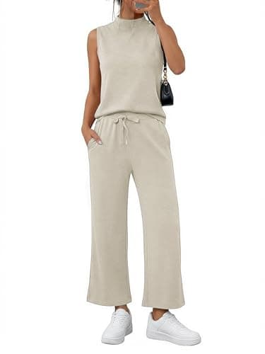 Casly Lamiit Lounge Set for Women Summer Outfits Mock Neck Tank Top Airport Matching Sets High Waisted Crop Pants Tracksuit 2025 Fashion Dressy Work Travel Clothes Beige M - Image 1